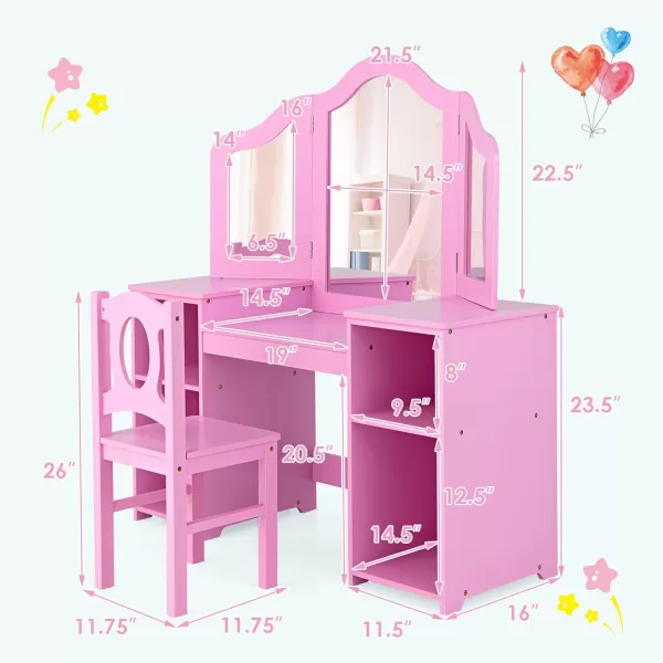 INFANS Kids Vanity, 2 in 1 Princess Makeup Desk &amp; Chair Set with Tri-Folding Detachable Mirror, Large Storage Shelves, Wooden Pretend Play Dressing Table for Girls