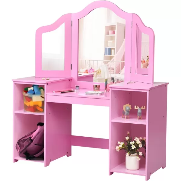 INFANS Kids Vanity, 2 in 1 Princess Makeup Desk &amp; Chair Set with Tri-Folding Detachable Mirror, Large Storage Shelves, Wooden Pretend Play Dressing Table for Girls