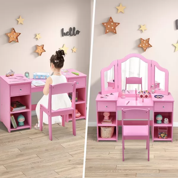 INFANS Kids Vanity, 2 in 1 Princess Makeup Desk &amp; Chair Set with Tri-Folding Detachable Mirror, Large Storage Shelves, Wooden Pretend Play Dressing Table for Girls