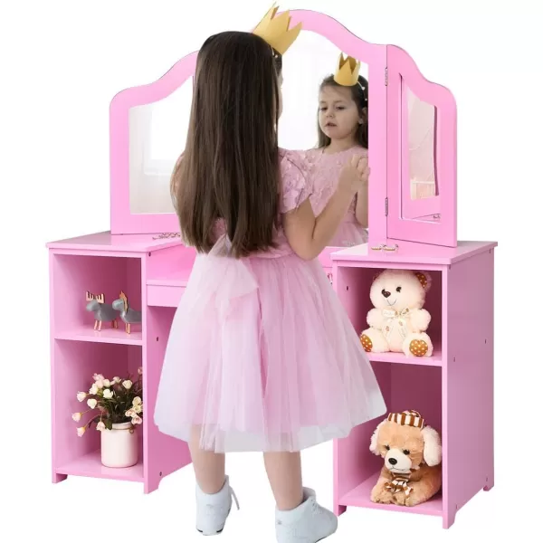 INFANS Kids Vanity, 2 in 1 Princess Makeup Desk &amp; Chair Set with Tri-Folding Detachable Mirror, Large Storage Shelves, Wooden Pretend Play Dressing Table for Girls