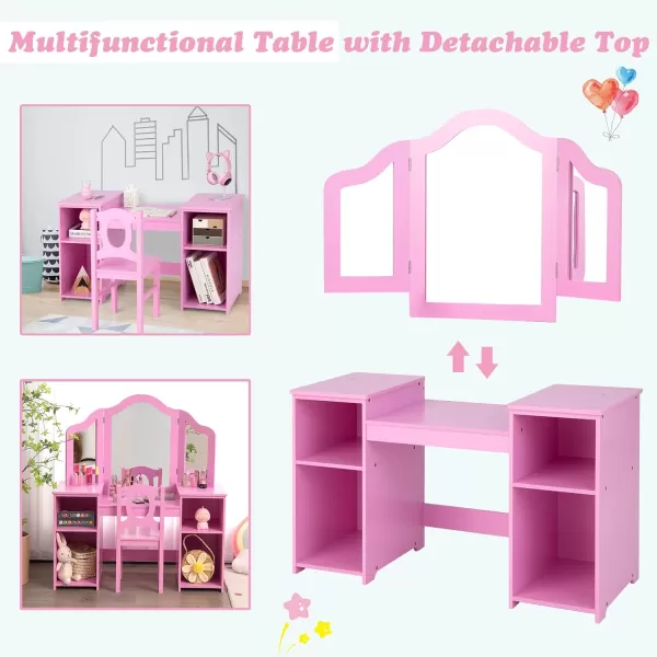 INFANS Kids Vanity, 2 in 1 Princess Makeup Desk &amp; Chair Set with Tri-Folding Detachable Mirror, Large Storage Shelves, Wooden Pretend Play Dressing Table for Girls