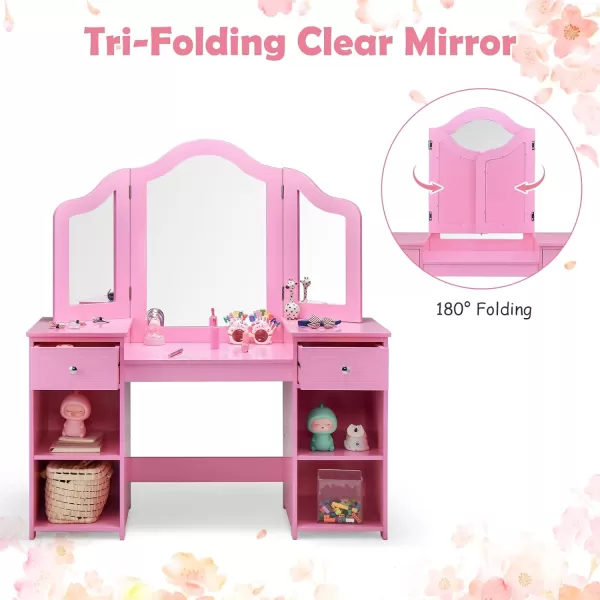 INFANS Kids Vanity, 2 in 1 Princess Makeup Desk &amp; Chair Set with Tri-Folding Detachable Mirror, Large Storage Shelves, Wooden Pretend Play Dressing Table for Girls