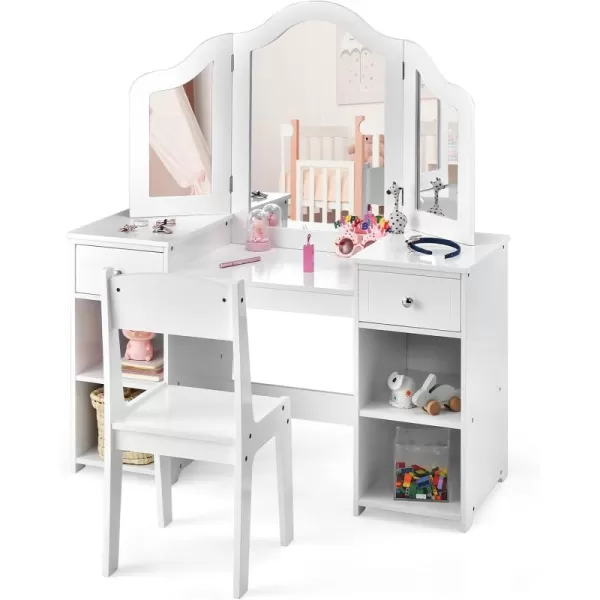 INFANS Kids Vanity, 2 in 1 Princess Makeup Desk &amp; Chair Set with Tri-Folding Detachable Mirror, Large Storage Shelves, Wooden Pretend Play Dressing Table for Girls