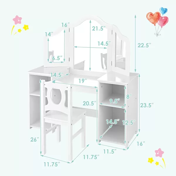 INFANS Kids Vanity, 2 in 1 Princess Makeup Desk &amp; Chair Set with Tri-Folding Detachable Mirror, Large Storage Shelves, Wooden Pretend Play Dressing Table for Girls