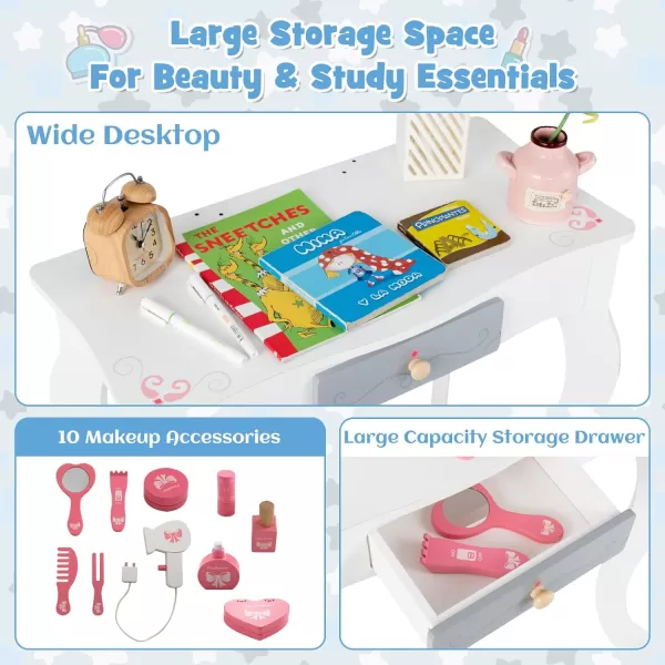 INFANS Kids Vanity, 2 in 1 Princess Makeup Desk and Stool Set with Tri-Folding Detachable Mirror 10 Accessories Wooden Dressing Table, Pretend Play Vanity Set for Toddler Girls