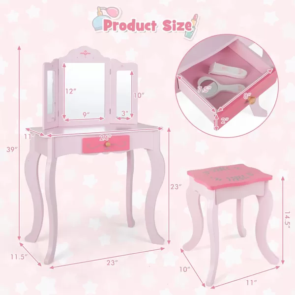 INFANS Kids Vanity, 2 in 1 Princess Makeup Desk and Stool Set with Tri-Folding Detachable Mirror 10 Accessories Wooden Dressing Table, Pretend Play Vanity Set for Toddler Girls