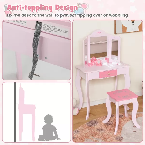 INFANS Kids Vanity, 2 in 1 Princess Makeup Desk and Stool Set with Tri-Folding Detachable Mirror 10 Accessories Wooden Dressing Table, Pretend Play Vanity Set for Toddler Girls