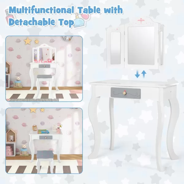 INFANS Kids Vanity, 2 in 1 Princess Makeup Desk and Stool Set with Tri-Folding Detachable Mirror 10 Accessories Wooden Dressing Table, Pretend Play Vanity Set for Toddler Girls