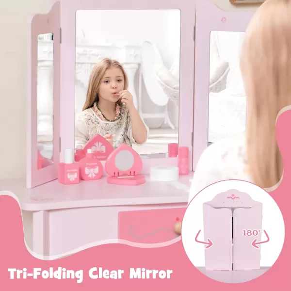 INFANS Kids Vanity, 2 in 1 Princess Makeup Desk and Stool Set with Tri-Folding Detachable Mirror 10 Accessories Wooden Dressing Table, Pretend Play Vanity Set for Toddler Girls
