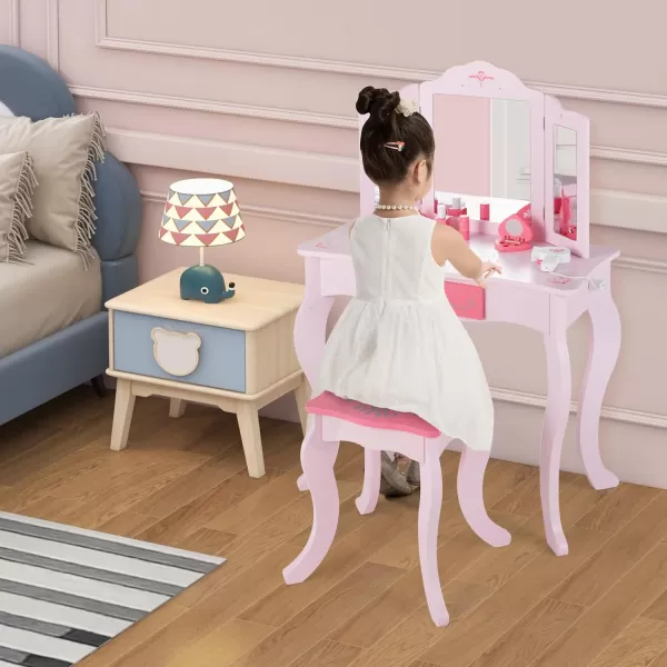 INFANS Kids Vanity, 2 in 1 Princess Makeup Desk and Stool Set with Tri-Folding Detachable Mirror 10 Accessories Wooden Dressing Table, Pretend Play Vanity Set for Toddler Girls