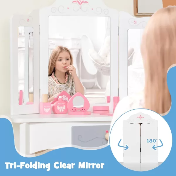 INFANS Kids Vanity, 2 in 1 Princess Makeup Desk and Stool Set with Tri-Folding Detachable Mirror 10 Accessories Wooden Dressing Table, Pretend Play Vanity Set for Toddler Girls