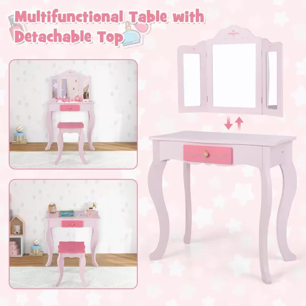 INFANS Kids Vanity, 2 in 1 Princess Makeup Desk and Stool Set with Tri-Folding Detachable Mirror 10 Accessories Wooden Dressing Table, Pretend Play Vanity Set for Toddler Girls