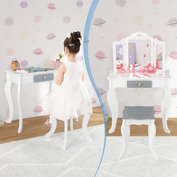 INFANS Kids Vanity, 2 in 1 Princess Makeup Desk and Stool Set with Tri-Folding Detachable Mirror 10 Accessories Wooden Dressing Table, Pretend Play Vanity Set for Toddler Girls