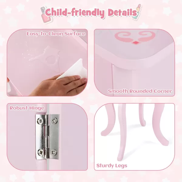 INFANS Kids Vanity, 2 in 1 Princess Makeup Desk and Stool Set with Tri-Folding Detachable Mirror 10 Accessories Wooden Dressing Table, Pretend Play Vanity Set for Toddler Girls