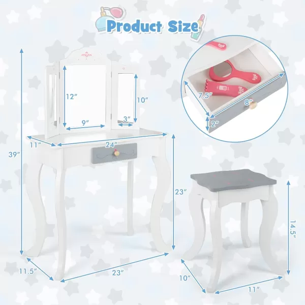 INFANS Kids Vanity, 2 in 1 Princess Makeup Desk and Stool Set with Tri-Folding Detachable Mirror 10 Accessories Wooden Dressing Table, Pretend Play Vanity Set for Toddler Girls