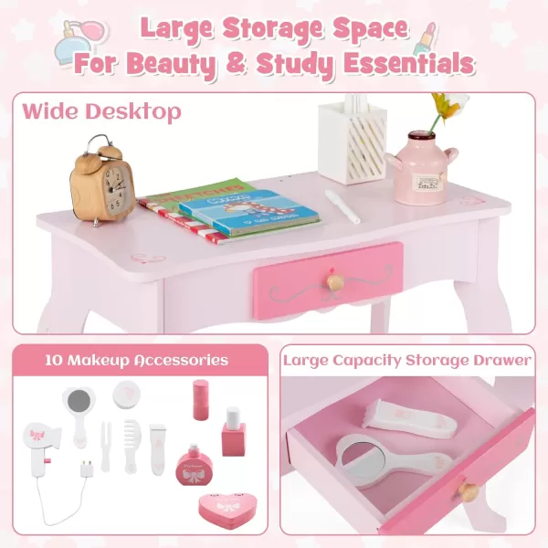 INFANS Kids Vanity, 2 in 1 Princess Makeup Desk and Stool Set with Tri-Folding Detachable Mirror 10 Accessories Wooden Dressing Table, Pretend Play Vanity Set for Toddler Girls
