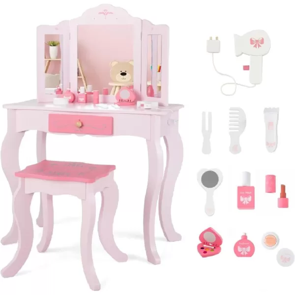 INFANS Kids Vanity, 2 in 1 Princess Makeup Desk and Stool Set with Tri-Folding Detachable Mirror 10 Accessories Wooden Dressing Table, Pretend Play Vanity Set for Toddler Girls