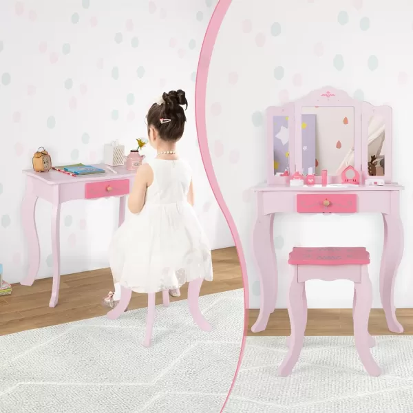 INFANS Kids Vanity, 2 in 1 Princess Makeup Desk and Stool Set with Tri-Folding Detachable Mirror 10 Accessories Wooden Dressing Table, Pretend Play Vanity Set for Toddler Girls