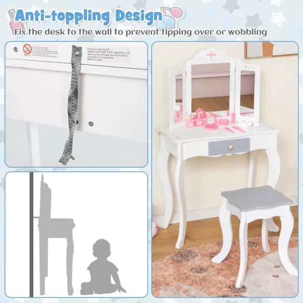 INFANS Kids Vanity, 2 in 1 Princess Makeup Desk and Stool Set with Tri-Folding Detachable Mirror 10 Accessories Wooden Dressing Table, Pretend Play Vanity Set for Toddler Girls