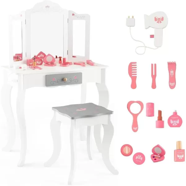 INFANS Kids Vanity, 2 in 1 Princess Makeup Desk and Stool Set with Tri-Folding Detachable Mirror 10 Accessories Wooden Dressing Table, Pretend Play Vanity Set for Toddler Girls