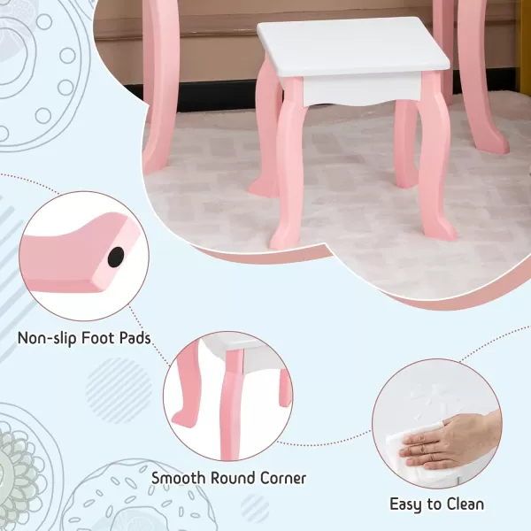 INFANS Kids Vanity Set, 2 in 1 Wooden Princess Makeup Table and Chair with Mirror, Shelf, Storage Drawers for Little Girls, Rabbit Themed Toddler Dressing Desk Beauty Play Set Toy Gift