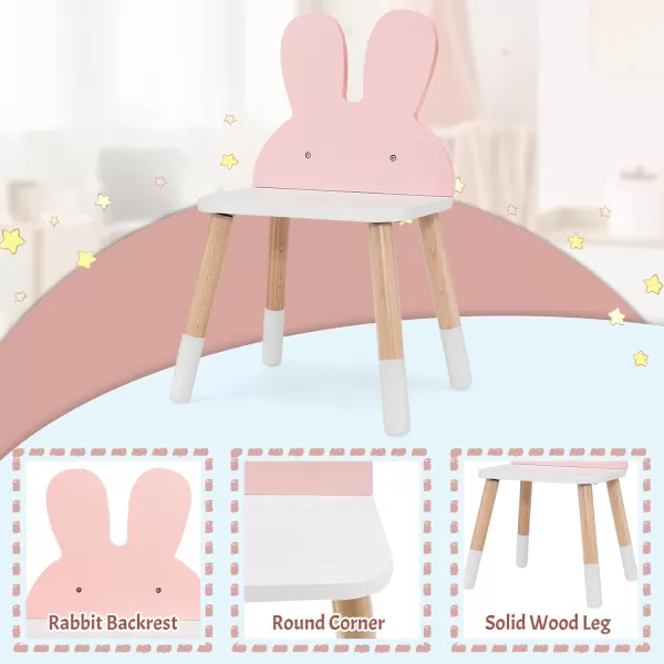 INFANS Kids Vanity Set, 2 in 1 Wooden Princess Makeup Table and Chair with Mirror, Shelf, Storage Drawers for Little Girls, Rabbit Themed Toddler Dressing Desk Beauty Play Set Toy Gift