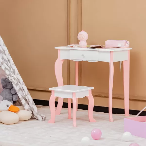 INFANS Kids Vanity Set, 2 in 1 Wooden Princess Makeup Table and Chair with Mirror, Shelf, Storage Drawers for Little Girls, Rabbit Themed Toddler Dressing Desk Beauty Play Set Toy Gift