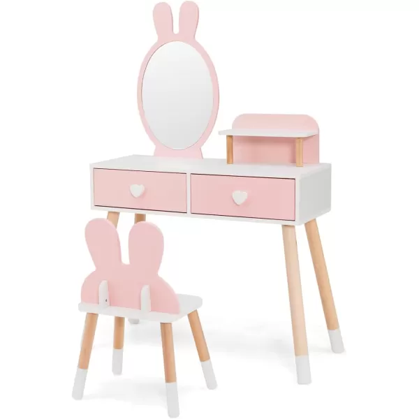 INFANS Kids Vanity Set, 2 in 1 Wooden Princess Makeup Table and Chair with Mirror, Shelf, Storage Drawers for Little Girls, Rabbit Themed Toddler Dressing Desk Beauty Play Set Toy Gift