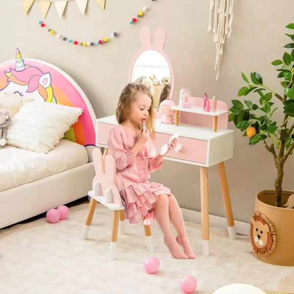 INFANS Kids Vanity Set, 2 in 1 Wooden Princess Makeup Table and Chair with Mirror, Shelf, Storage Drawers for Little Girls, Rabbit Themed Toddler Dressing Desk Beauty Play Set Toy Gift