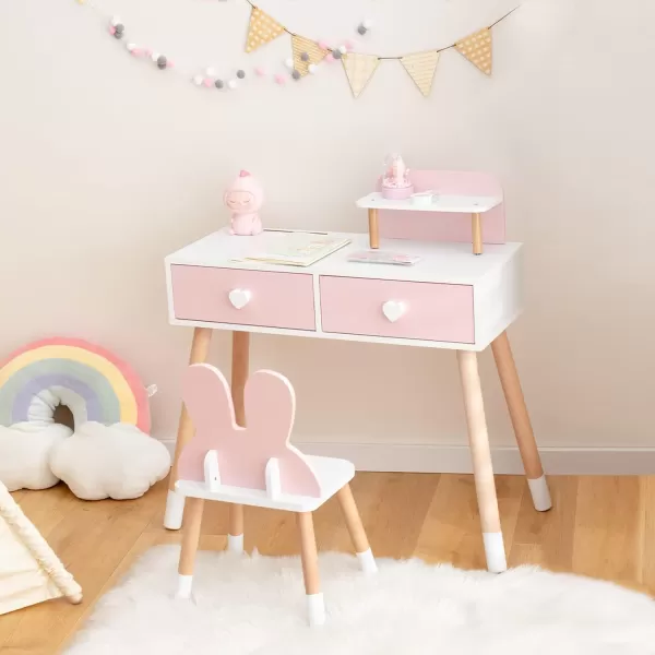 INFANS Kids Vanity Set, 2 in 1 Wooden Princess Makeup Table and Chair with Mirror, Shelf, Storage Drawers for Little Girls, Rabbit Themed Toddler Dressing Desk Beauty Play Set Toy Gift