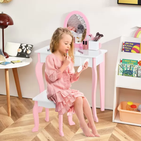 INFANS Kids Vanity Set, 2 in 1 Wooden Princess Makeup Table and Chair with Mirror, Shelf, Storage Drawers for Little Girls, Rabbit Themed Toddler Dressing Desk Beauty Play Set Toy Gift