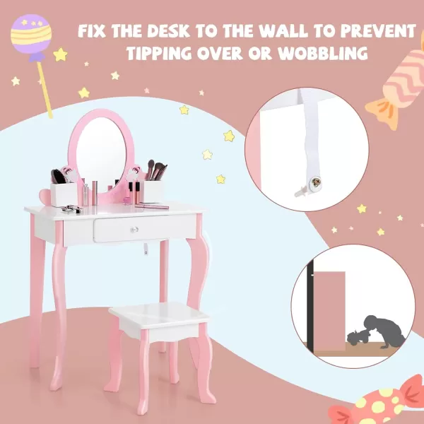 INFANS Kids Vanity Set, 2 in 1 Wooden Princess Makeup Table and Chair with Mirror, Shelf, Storage Drawers for Little Girls, Rabbit Themed Toddler Dressing Desk Beauty Play Set Toy Gift