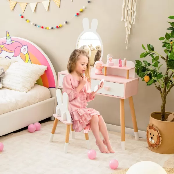 INFANS Kids Vanity Set, 2 in 1 Wooden Princess Makeup Table and Chair with Mirror, Shelf, Storage Drawers for Little Girls, Rabbit Themed Toddler Dressing Desk Beauty Play Set Toy Gift