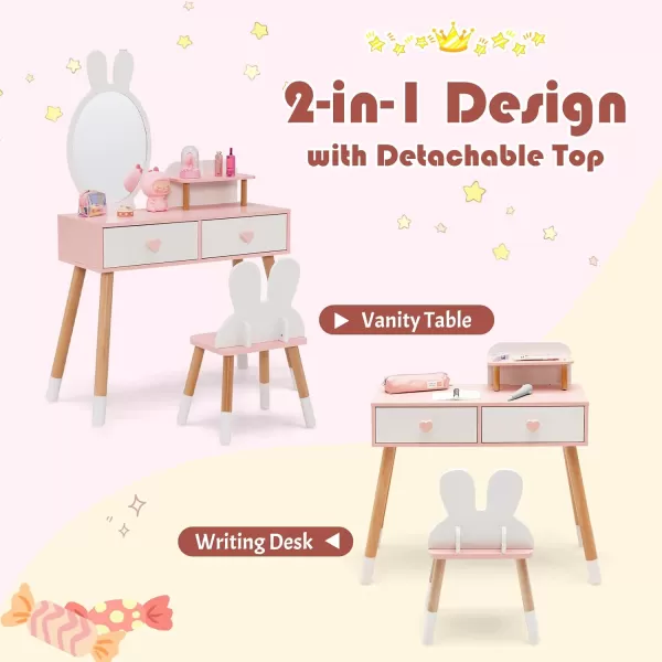 INFANS Kids Vanity Set, 2 in 1 Wooden Princess Makeup Table and Chair with Mirror, Shelf, Storage Drawers for Little Girls, Rabbit Themed Toddler Dressing Desk Beauty Play Set Toy Gift