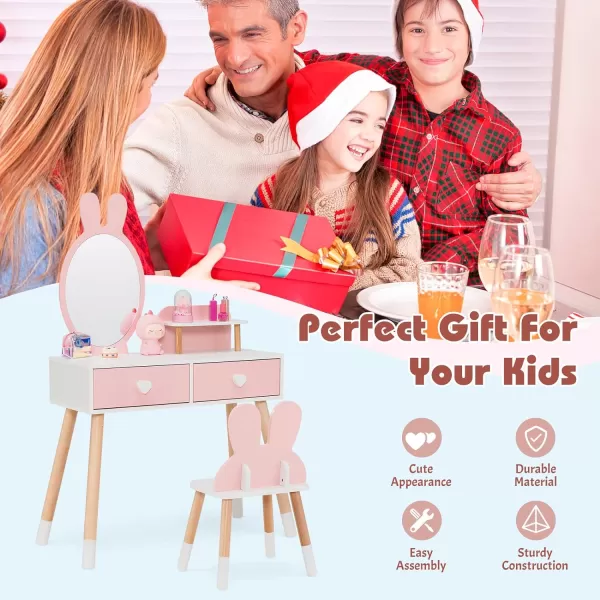 INFANS Kids Vanity Set, 2 in 1 Wooden Princess Makeup Table and Chair with Mirror, Shelf, Storage Drawers for Little Girls, Rabbit Themed Toddler Dressing Desk Beauty Play Set Toy Gift