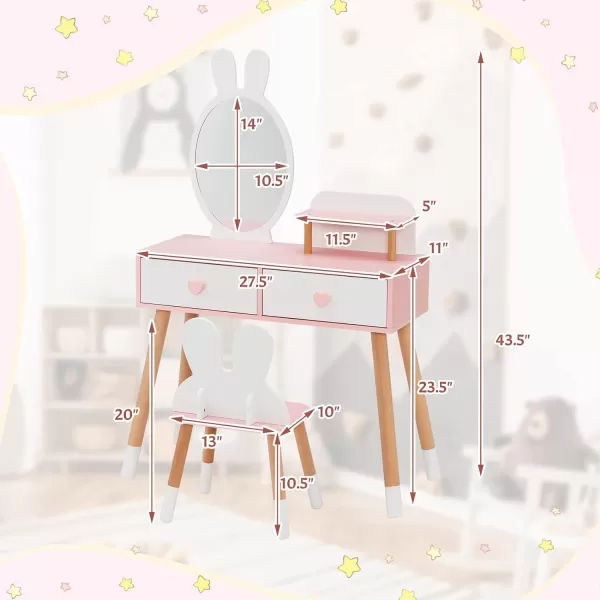 INFANS Kids Vanity Set, 2 in 1 Wooden Princess Makeup Table and Chair with Mirror, Shelf, Storage Drawers for Little Girls, Rabbit Themed Toddler Dressing Desk Beauty Play Set Toy Gift