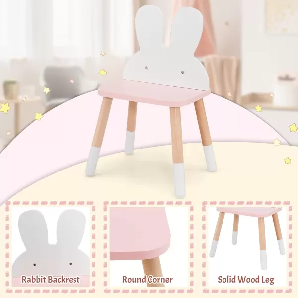 INFANS Kids Vanity Set, 2 in 1 Wooden Princess Makeup Table and Chair with Mirror, Shelf, Storage Drawers for Little Girls, Rabbit Themed Toddler Dressing Desk Beauty Play Set Toy Gift