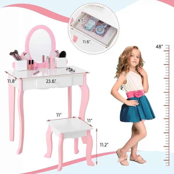 INFANS Kids Vanity Set, 2 in 1 Wooden Princess Makeup Table and Chair with Mirror, Shelf, Storage Drawers for Little Girls, Rabbit Themed Toddler Dressing Desk Beauty Play Set Toy Gift