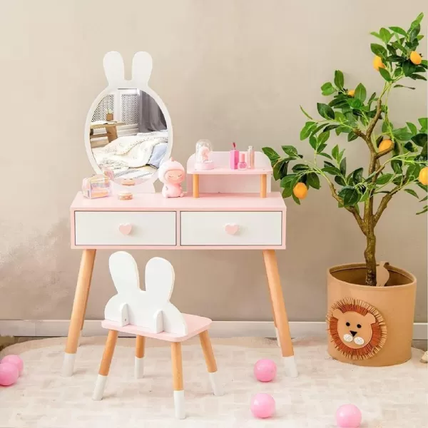 INFANS Kids Vanity Set, 2 in 1 Wooden Princess Makeup Table and Chair with Mirror, Shelf, Storage Drawers for Little Girls, Rabbit Themed Toddler Dressing Desk Beauty Play Set Toy Gift