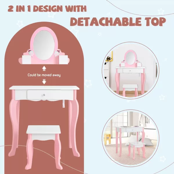 INFANS Kids Vanity Set, 2 in 1 Wooden Princess Makeup Table and Chair with Mirror, Shelf, Storage Drawers for Little Girls, Rabbit Themed Toddler Dressing Desk Beauty Play Set Toy Gift
