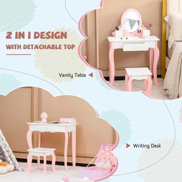 INFANS Kids Vanity Set, 2 in 1 Wooden Princess Makeup Table and Chair with Mirror, Shelf, Storage Drawers for Little Girls, Rabbit Themed Toddler Dressing Desk Beauty Play Set Toy Gift