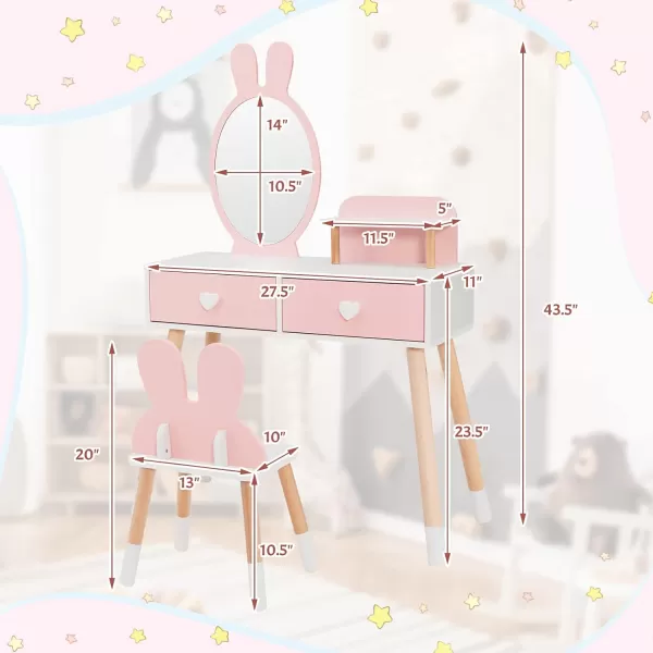INFANS Kids Vanity Set, 2 in 1 Wooden Princess Makeup Table and Chair with Mirror, Shelf, Storage Drawers for Little Girls, Rabbit Themed Toddler Dressing Desk Beauty Play Set Toy Gift