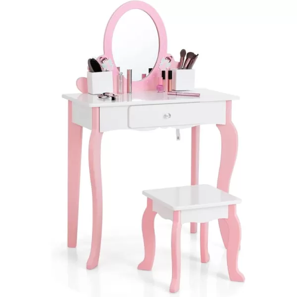 INFANS Kids Vanity Set, 2 in 1 Wooden Princess Makeup Table and Chair with Mirror, Shelf, Storage Drawers for Little Girls, Rabbit Themed Toddler Dressing Desk Beauty Play Set Toy Gift
