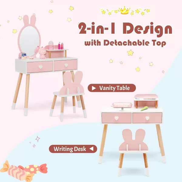 INFANS Kids Vanity Set, 2 in 1 Wooden Princess Makeup Table and Chair with Mirror, Shelf, Storage Drawers for Little Girls, Rabbit Themed Toddler Dressing Desk Beauty Play Set Toy Gift
