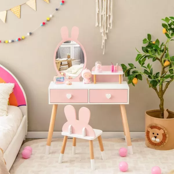 INFANS Kids Vanity Set, 2 in 1 Wooden Princess Makeup Table and Chair with Mirror, Shelf, Storage Drawers for Little Girls, Rabbit Themed Toddler Dressing Desk Beauty Play Set Toy Gift