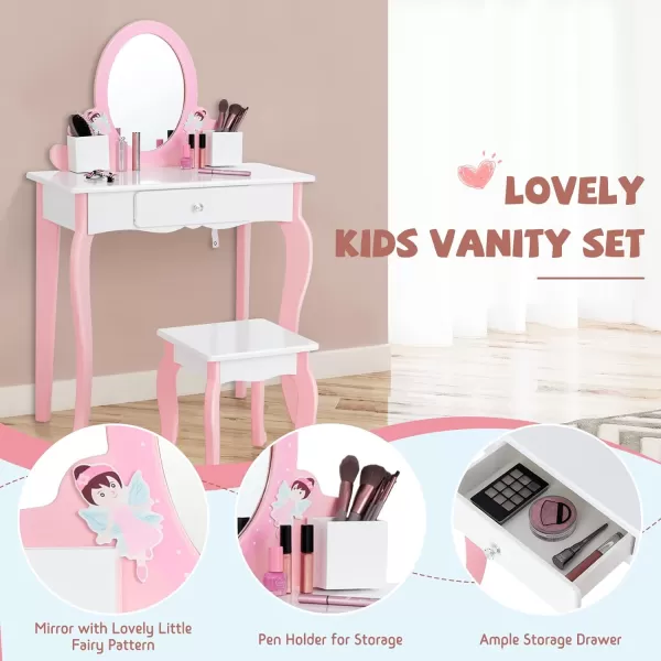 INFANS Kids Vanity Set, 2 in 1 Wooden Princess Makeup Table and Chair with Mirror, Shelf, Storage Drawers for Little Girls, Rabbit Themed Toddler Dressing Desk Beauty Play Set Toy Gift