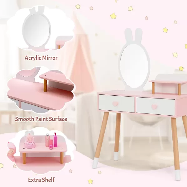 INFANS Kids Vanity Set, 2 in 1 Wooden Princess Makeup Table and Chair with Mirror, Shelf, Storage Drawers for Little Girls, Rabbit Themed Toddler Dressing Desk Beauty Play Set Toy Gift