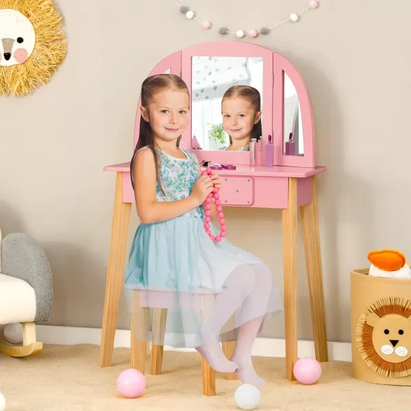 INFANS Kids Vanity Table and Chair Set, Pretend Beauty Play Vanity Set with Tri-Folding Mirror Drawer Stool and Detachable Top, 2 in 1 Wooden Princess Makeup Dressing Table for Girls