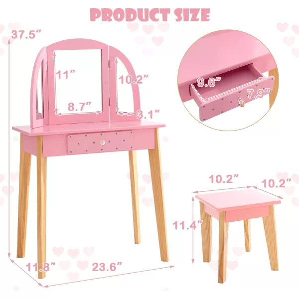 INFANS Kids Vanity Table and Chair Set, Pretend Beauty Play Vanity Set with Tri-Folding Mirror Drawer Stool and Detachable Top, 2 in 1 Wooden Princess Makeup Dressing Table for Girls