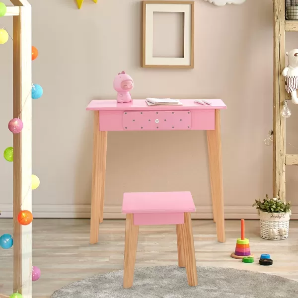 INFANS Kids Vanity Table and Chair Set, Pretend Beauty Play Vanity Set with Tri-Folding Mirror Drawer Stool and Detachable Top, 2 in 1 Wooden Princess Makeup Dressing Table for Girls